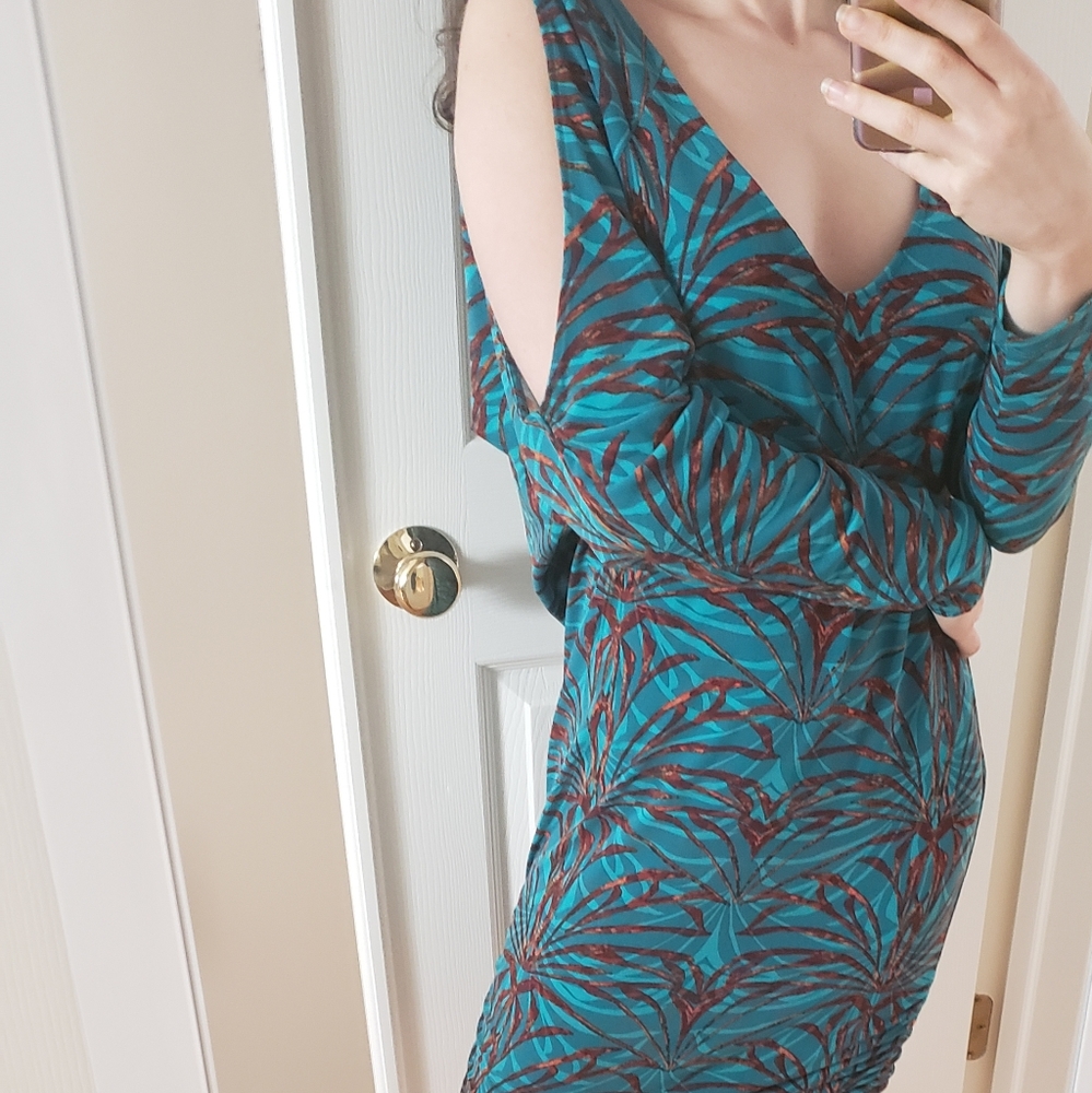 Stretchy ruched teal and dark orange/brown dress